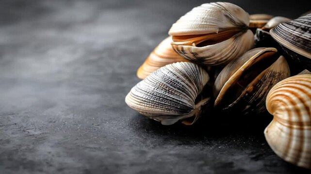 Cluster of seashells on dark surface.  Close-up of various clamshells, showing intricate patterns and textures. 