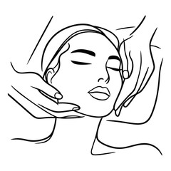 Minimalist line art illustration of a woman receiving a beauty facial massage
