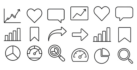 Collection of icons including a heart, arrow, and pie chart. The icons are all in black and white
