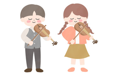 並んでバイオリンを弾く男の子と女の子