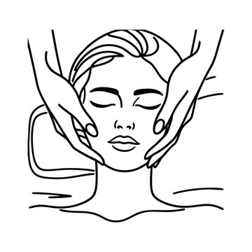Minimalist line art illustration of a woman receiving a beauty facial massage