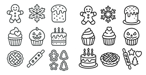 Set of 12 different food items, including cakes, pies, and cookies, are drawn in black and white