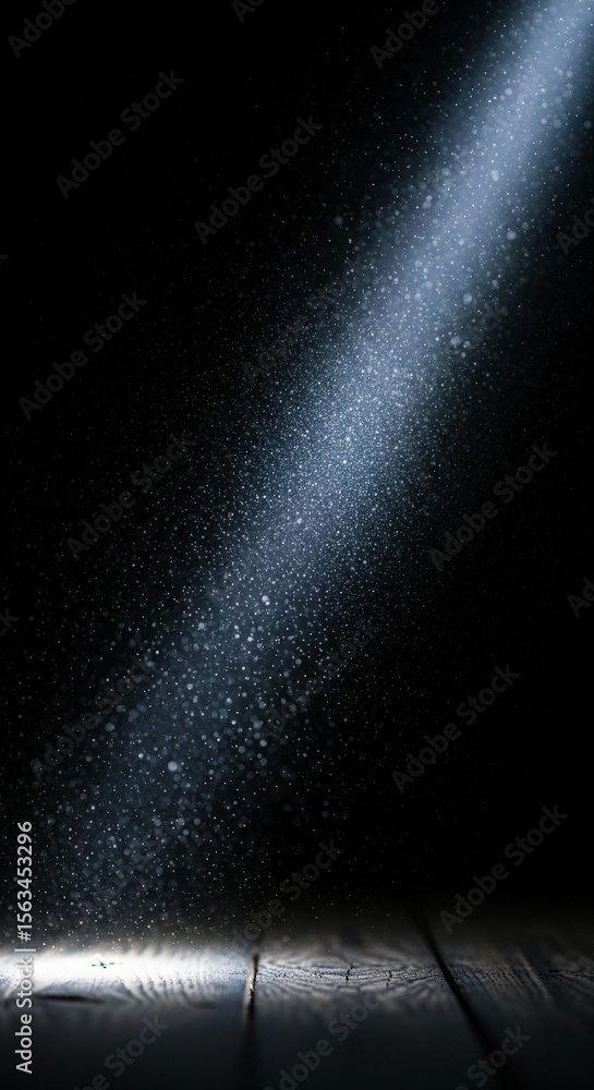 Poster dark wooden surface with light particles falling, creating a mysterious and dramatic scene, perfect 