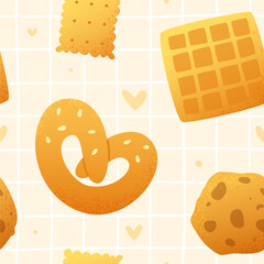 Cute bakery pattern. Seamless vector print with cartoon textured pastry.