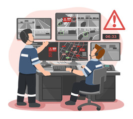 Traffic control operators monitoring road congestion and accident alerts in a command center to manage emergency response and ensure public safety