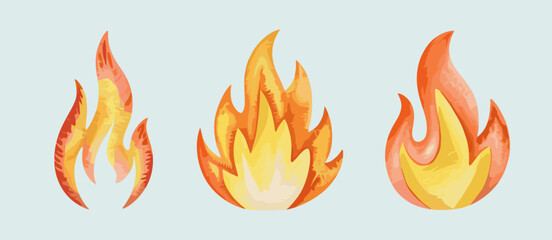 Watercolor flames illustration of orange, yellow, and red fire set