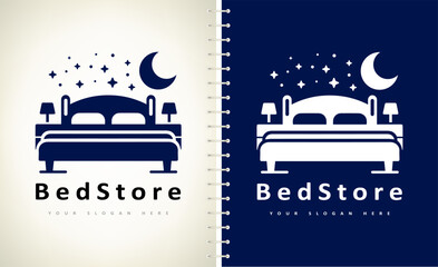 Bed store logo. Bed with pillows, stars and the moon logo vector design. The night sky