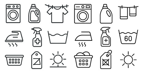 Set of laundry symbols including a washing machine, iron, and dryer. The symbols are drawn in a simple, minimalist style