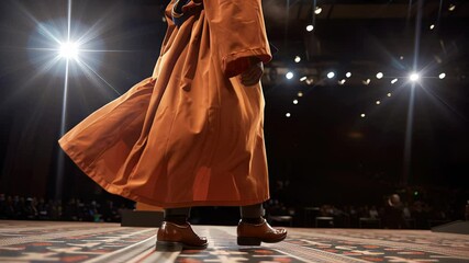 Graduate in orange gown walks confidently across stage during commencement ceremony, spotlight illuminating the moment, capturing the essence of achievement and celebration