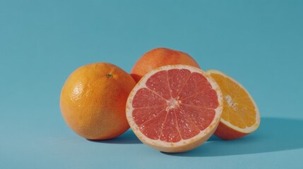 Vibrant Citrus Medley: Fresh Grapefruit and Orange Arrangement on Blue Backdrop