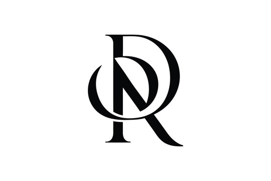 A black and white logo design featuring the letters d n and r combined
