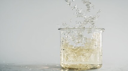 Water being poured into a clear glass beaker, liquid motion, laboratory experiment
