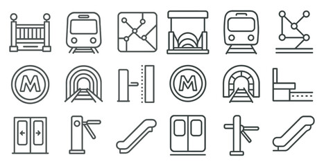 Set of train icons including a subway, a train station, and a train. The icons are all in a simple, clean style