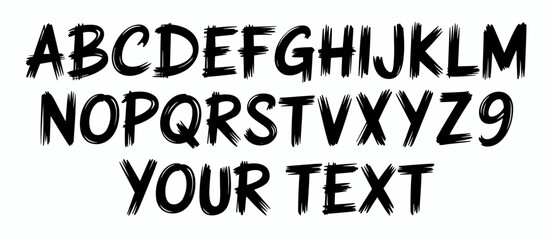 Grunge alphabet font with rough brush strokes and handwritten letters and numbers