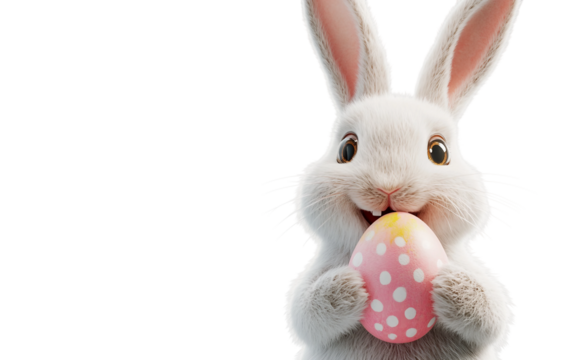 Cute rabbit toy with a cheerful face carrying a painted egg ideal for Easter themed decorations isolated on transparent background PNG