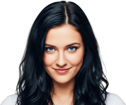 Portrait of a young woman with long black hair and striking blue eyes smiling gently transparent background