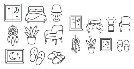 Collection of items that are related to a bedroom. The items include a bed, a chair, a lamp, a plant, a picture, a clock, a vase, a potted plant, a bedspread, a pillow