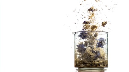 Experimental floral infusion in laboratory glassware on a light backdrop