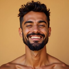 Man Smiling Portrait with Beard and Happy Expression Against Tan Background