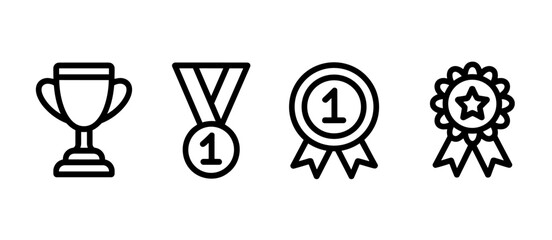 First place winner icons: awards, trophy, medal and ribbon symbols