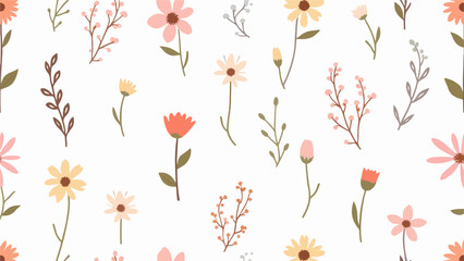 Seamless floral and autumn leaf pattern with red flowers and decorative nature elements