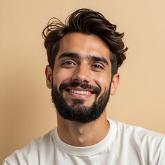Man Smiling with Beard on Neutral Background Portrait