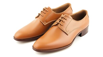 Fototapeta premium Elegant Pair of Tan Leather Oxford Dress Shoes on a Clean White Backdrop