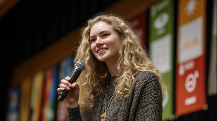 Youth speaker addressing crowd on global stage during World Youth Day with sustainable development goals banners