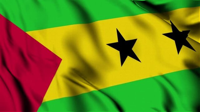 3D animation of the national flag of Sao-tome and Principe waving in slow motion. Close-up view with realistic fabric texture in 4K resolution. Ideal for Independence Day, patriotic videos. - Powered by Adobe