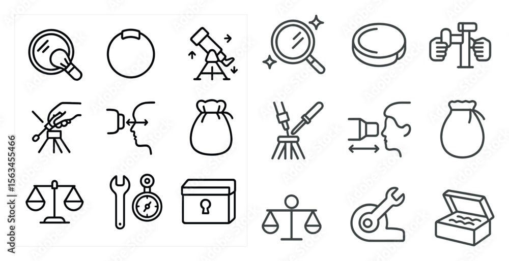 Poster set of icons for various tools and objects, including a wrench, a scale, a compass, and a magnifying