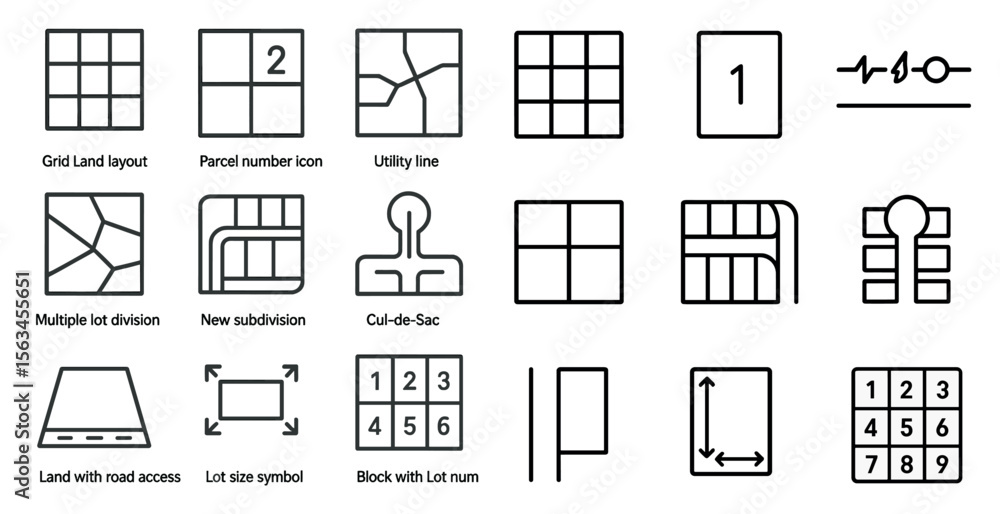 Fototapete Collection of icons for various functions and features. The icons include a grid layout, parcel icon, utility line, and a new address sign