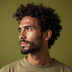 Man with Curly Hair Looking Upward in Contemplation