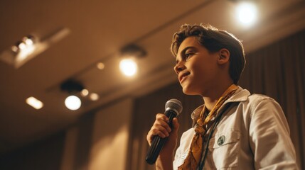 Young speaker at conference with microphone in spotlight, World Scout Scarf Day,