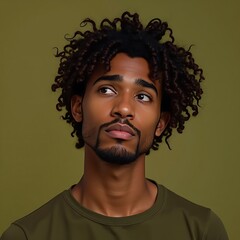 Man with Curly Hair Looking Upward in Thoughtful Portrait
