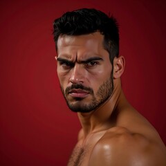 Man with Intense Gaze Against Red Backdrop Looking at Viewer
