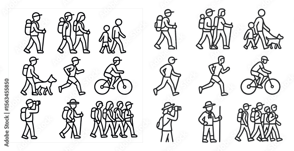 Poster group of people walking and running in various ways. some are walking with backpacks, while others a