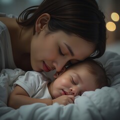 Mother Watching Over Sleeping Baby in Bed at Night