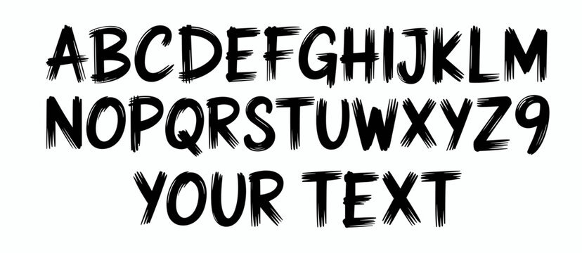 Alphabet letters with brush stroke style including number 9 for typography design.