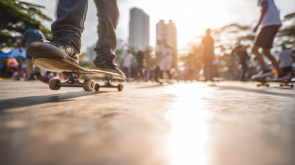 Youth skateboarding in urban park during World Youth Day event, expressing freedom, sport, energy, and active urban lifestyle