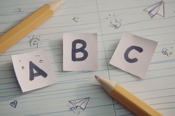 Lined notebook paper background with soft hand-drawn animation of doodles - heart, paper plane, ABC, smiling face - monochrome blue ink, school theme, handwriting