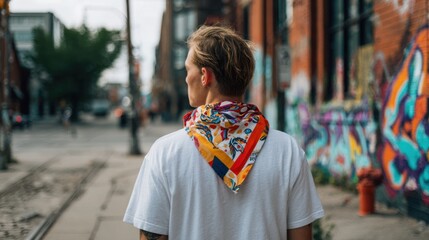 Fototapeta premium Urban street style: man with colorful bandana in graffiti alley