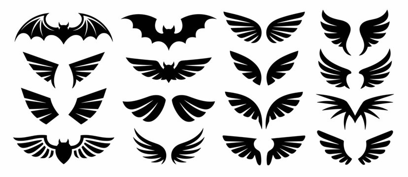 Set of bat and angel wings silhouette vector graphic elements