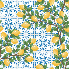 Blue Italian geometric tiles, yellow branch lemons seamless pattern. Summer print. 
