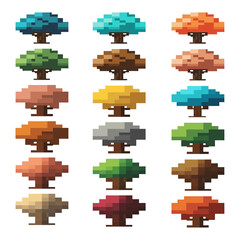 Whimsical pixel art trees collection with detailed pixelated textures, cute minimalist magical woodland trees on transparent background.