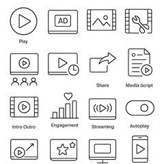Fototapeta premium Video Marketing Icons. Line style icons of video and media marketing: play button, video ad, thumbnail frame, video editor, viewer