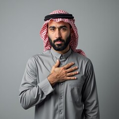 Serious Arab Man in Traditional Headdress with Hand on Chest on Gray Background