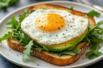 Openfaced Egg Sandwich with Avocado and Arugula Salad on White Plate Closeup