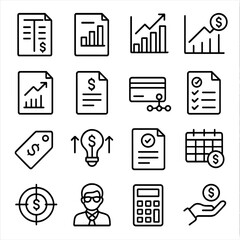Startup Finance Icons. Line style icons of startup finance: balance sheet, P&L statement, revenue report, cash flow chart,