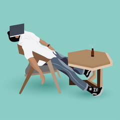 a tired man in front of a table with a book-covered face
