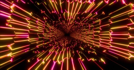 Futuristic glowing neon waving rotate cube background. Shining geometric red lines inside corridor in perspective. Bright retro digital cyberspace. 3D rendering.